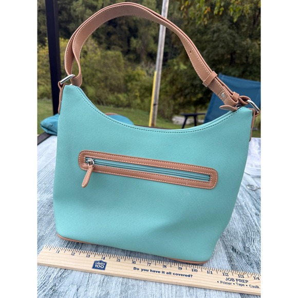 KR‎ Handbag Purse Mint Green Tan Trim Shoulder Bag Designer Style Elegant - Picture 2 of 7